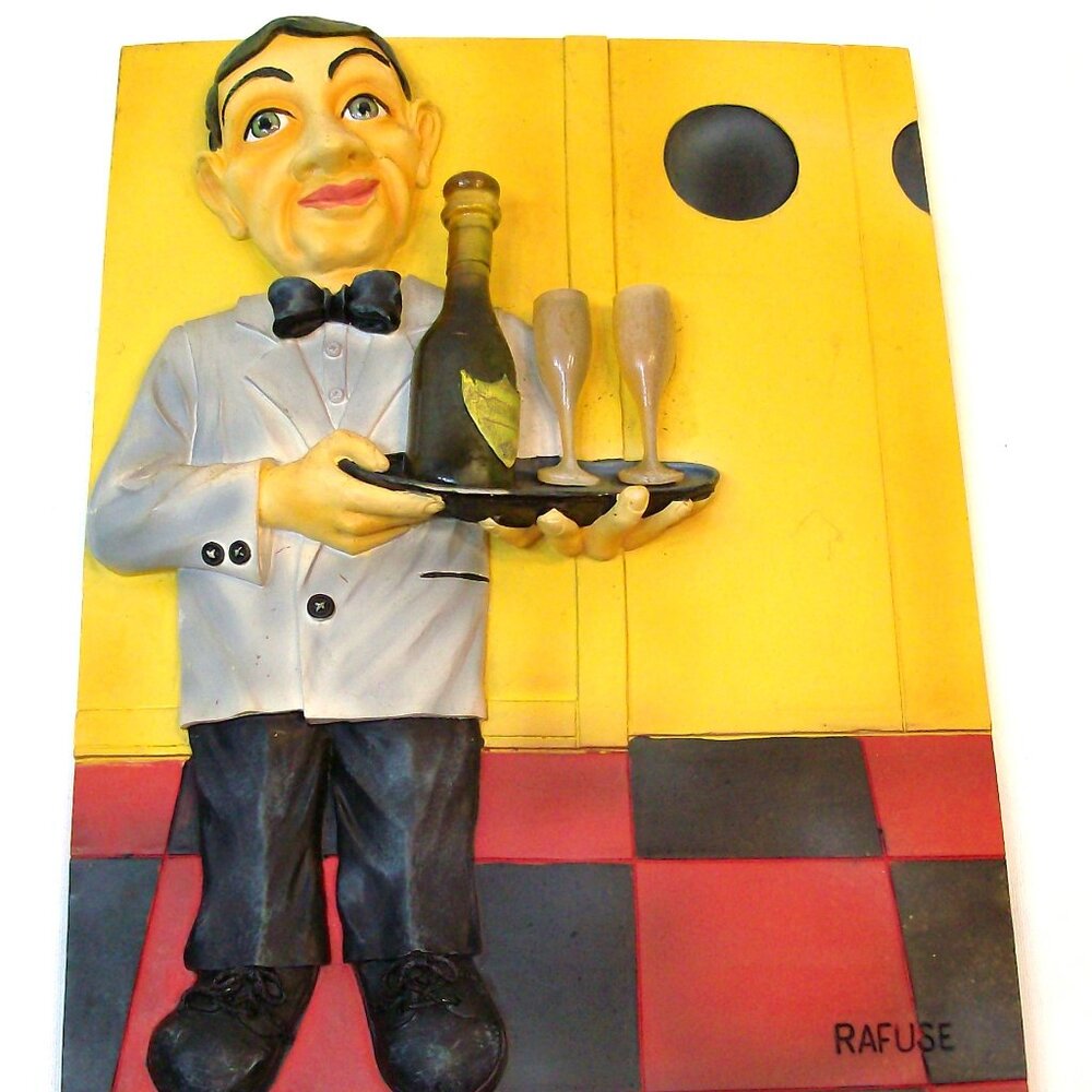 Will Rafuse 3D Resin Wall Art Waiter with Champagne bottle and two glasses